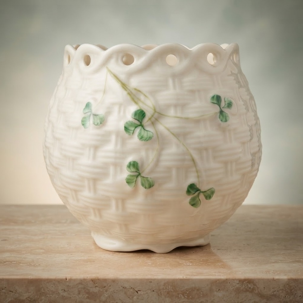 Belleek Irish Parian Shamrock Basketweave Cachepot Planter Porcelain 6th Mark